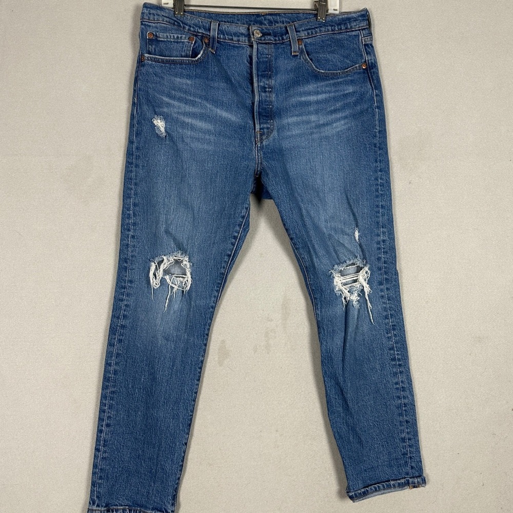 Levis 501 S Jeans Womens 33X28 Skinny Blue Distressed Ripped Stretch Button Fly